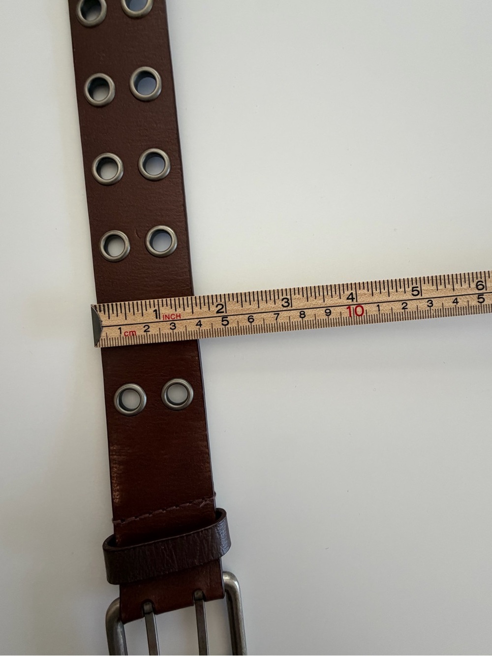 Brown Double Grommet Leather Belt Silver Double Prong Buckle Size M/L - Picture 5 of 5